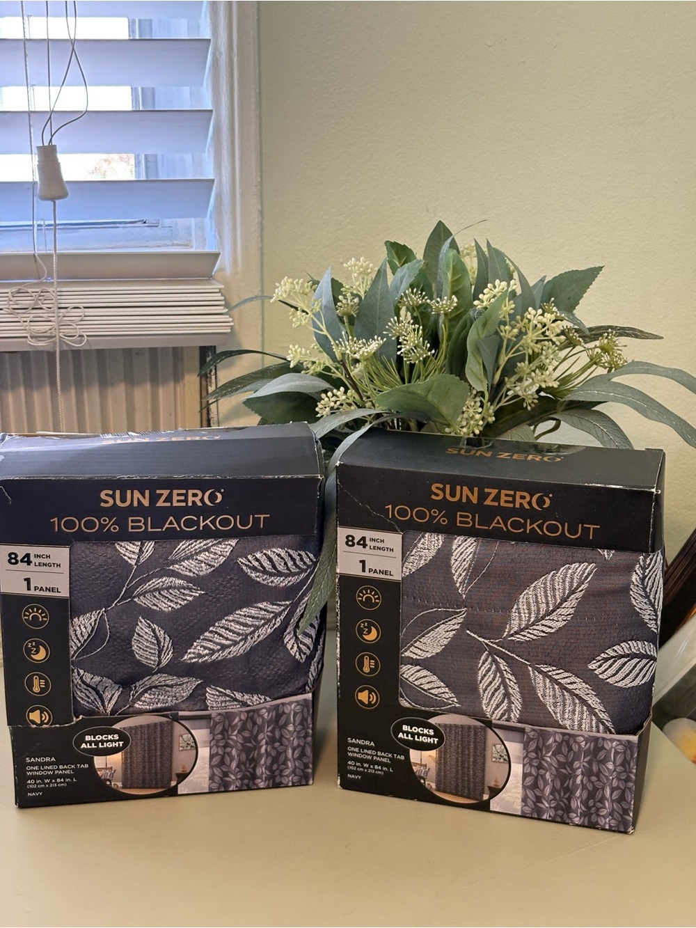 Sun Zero Navy Leaf Pattern 100% Blackout Curtain Panels